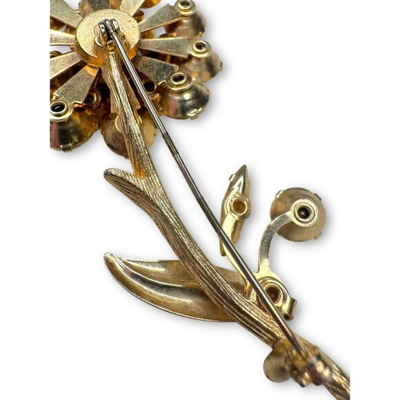 Unsigned Brown Clear Crystal Layered Glass Gold Flower Brooch - Picture 3 of 11